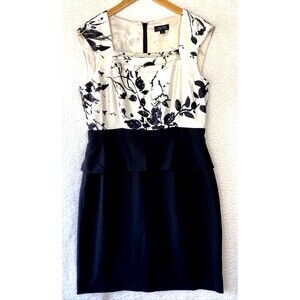 Tahari Peplum Sheath Dress Womens 10 Black Ivory Beaded Lined Office cocktail